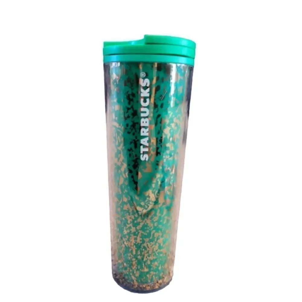 LN STARBUCKS GREEN AND GOLD FOIL 16 OZ. TUMBLER HOT OR COLD